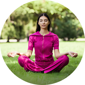 A girl in pink dress practicing yoga in outdoors during happiness course.